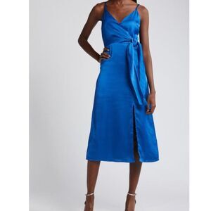 CHELSEA28 Side Tie Satin Dress In Blue Marmara, L, NWT